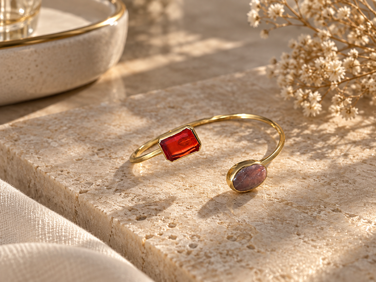 Zivèra Dubbele Edelsteen Cuff | Gouden Rutiel & Kedi Gözü | 18K Goldplated