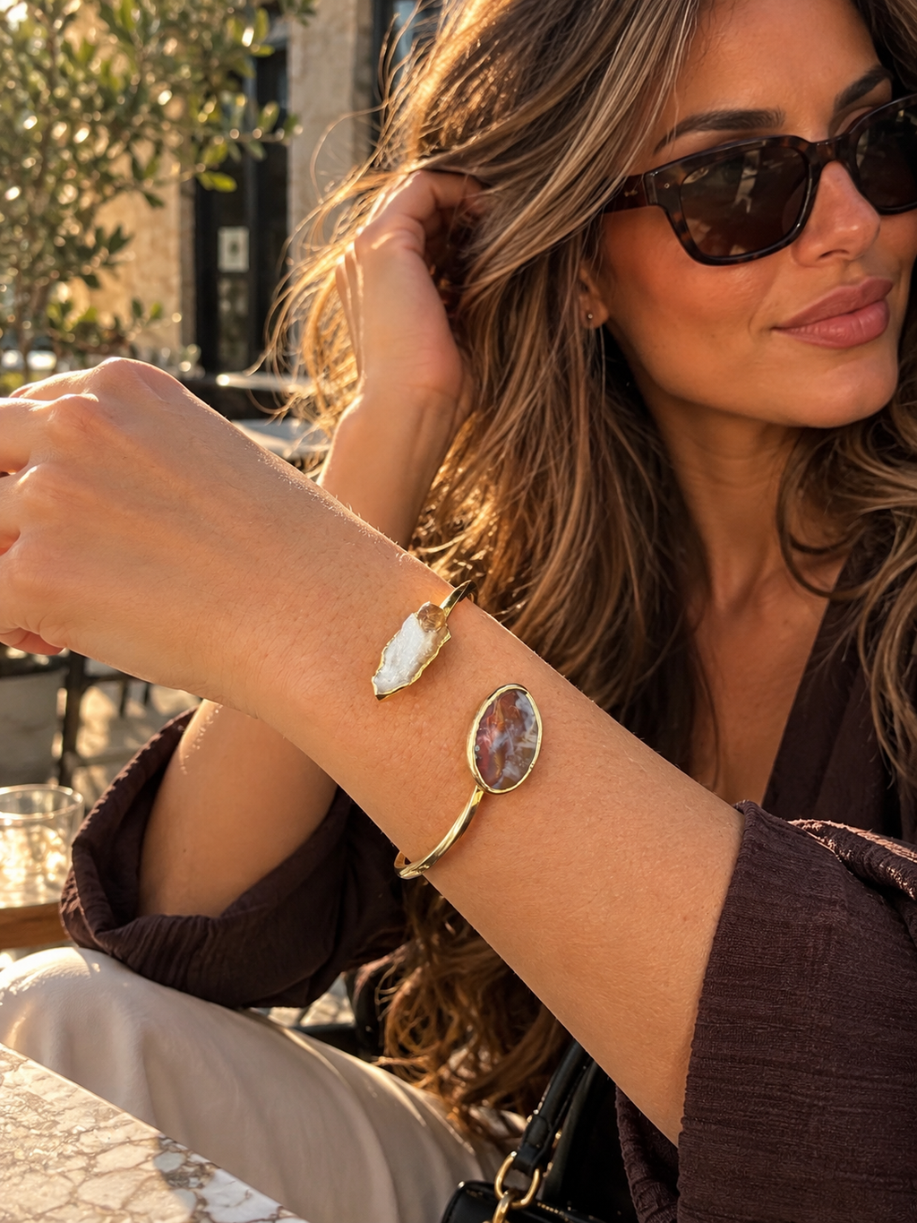 Zivèra Akik & Citrijn Cuff - handgemaakte open bangle met citrijn en akik stenen, 18K goldplated