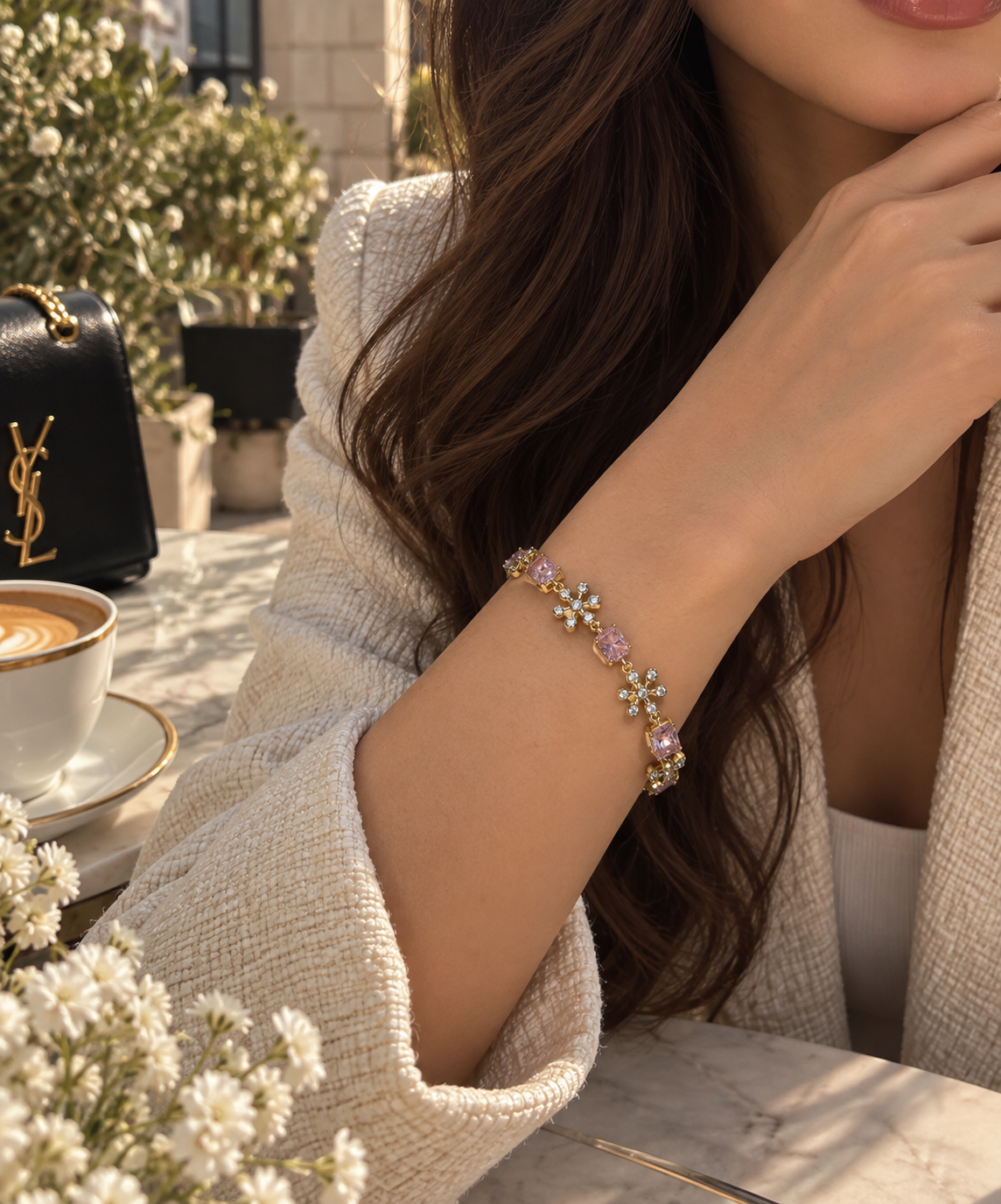 Zivèra Roze Baguette Bloem Armband 14K Goldplated